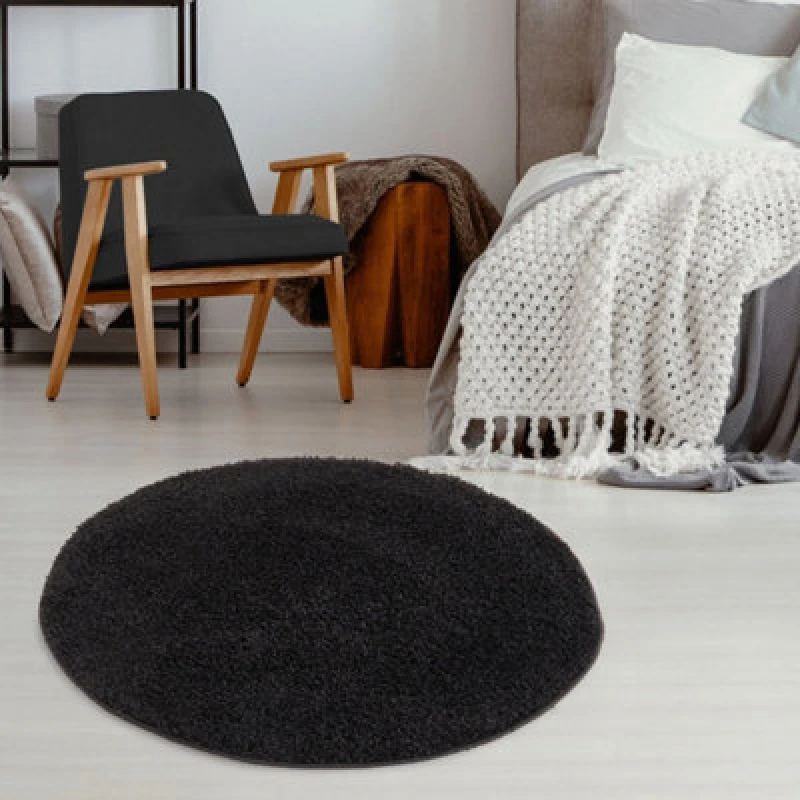 Image of THE RUGS Shaggy Rugs Black Living Room Rug - Soft Fluffy Thick Carpet For Bedrooms & Kitchen Easy To Clean Home Decor Rugs Size: 120cm diameter Bla