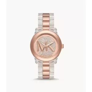 Image of Michael Kors Womens Runway Three-Hand Clear Castor Oil And Rose Gold-Tone Stainless Steel Watch - Clear / Rose Gold