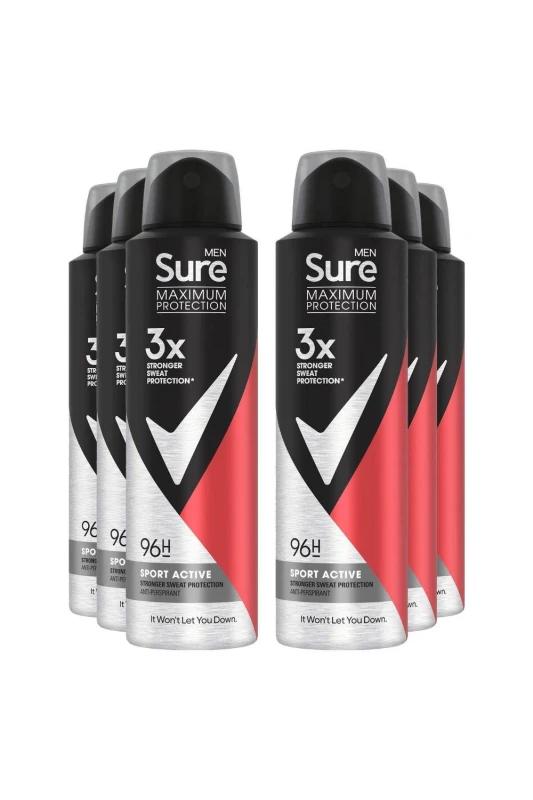 Image of Sure Men Protection 96H 'Antiperspirant Deodorant' Sport Active, 6x150ml White male