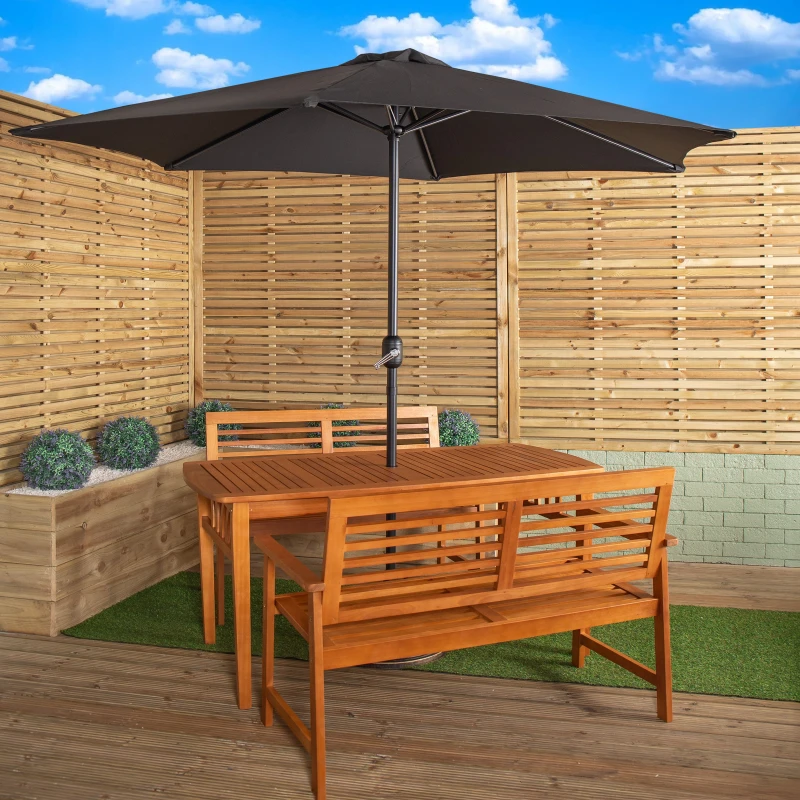 Image of Outdoor 4 Person Rectangular Wooden Garden Table, 2 Benches with Black Havana Parasol & Base