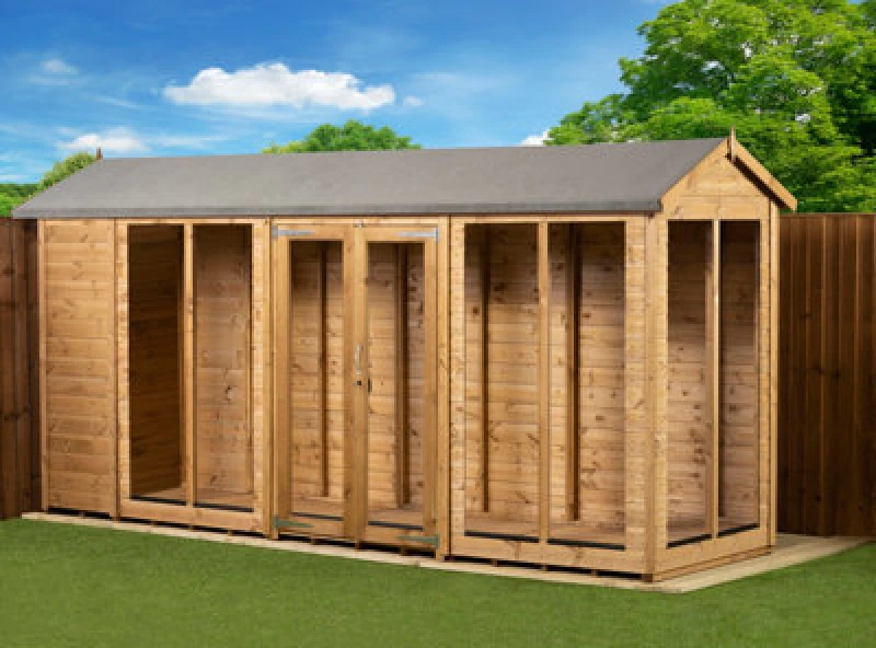Image of Empire Sheds Empire Apex Summerhouse 4X14 Dipped Treated Tongue And Groove Wooden Garden Shed Double Door (4' X 14' / 4ft X 14ft) (4X14)