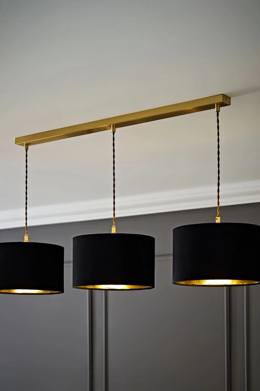 Image of ValueLights ValueLights Reni Black Velvet & Gold Shade 3 Drop Bar Gold Diner Ceiling Light Black One Size Unisex 5059406063008