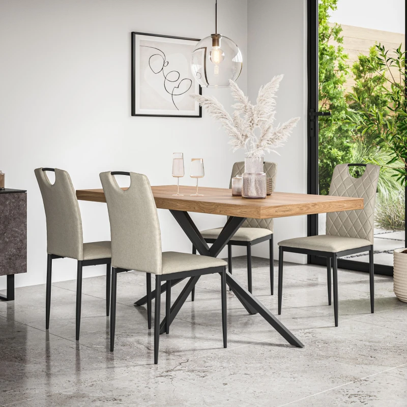 Image of More4Homes Donni Dining Table And Chairs - Oak Effect Table Top W Black Legs + Monza Linen Dining Chair Set Of 4 (Beige)