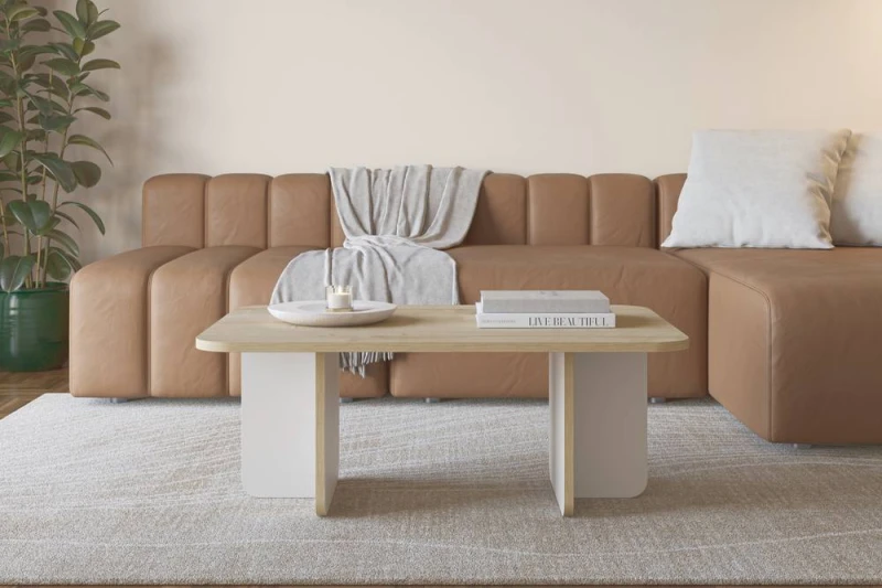 Image of Decortie Modern Rectangular Coffee Table With Curved Corners 100Cm Oak Sandstone, Multi 8.68363E+12