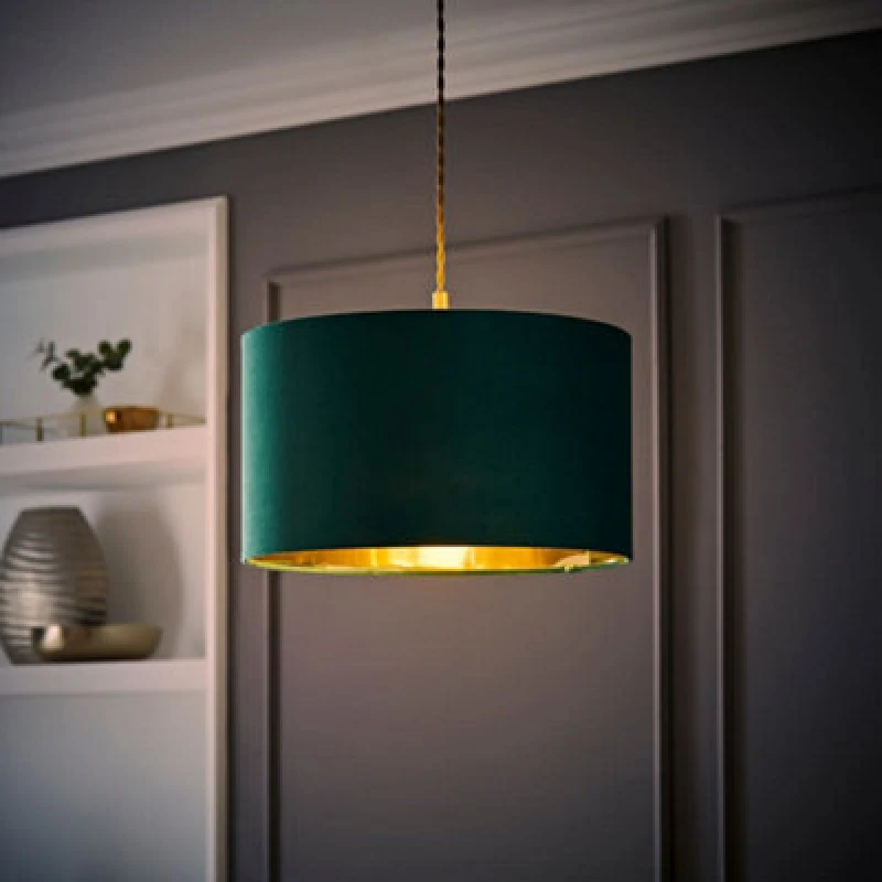 Image of ValueLights ValueLights Reni Green Velvet with Gold Inner Easy Fit Ceiling Lamp Shade and Bulb in Bottle Green Size: Medium Bottle Green Medium Unis