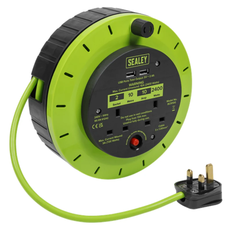 Image of Sealey Cassette Type Cable Reel Green with Thermal Trip 2 x 230V and 2 x USB 10m BCR10G