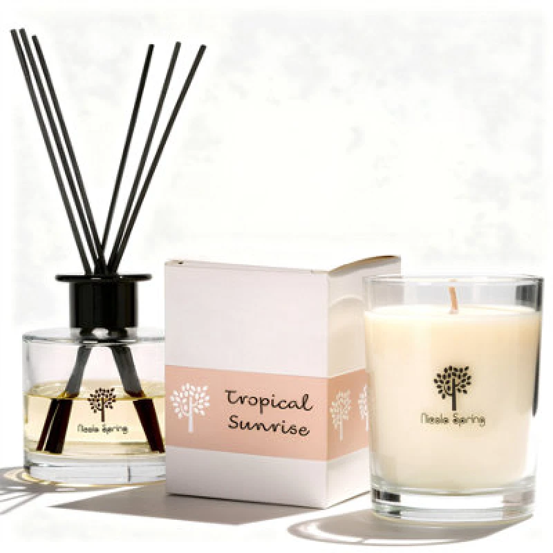 Image of Nicola Spring Candle & Diffuser Set - 160G Tropical Sunrise Soy Wax Jar & 200ml Reed Diffuser - Fruity Summer Fragrance Long Burn