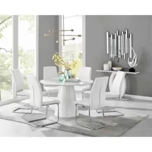 Image of Furniture Box Palma White High Gloss Round Dining Table and 6 White Lorenzo Chairs