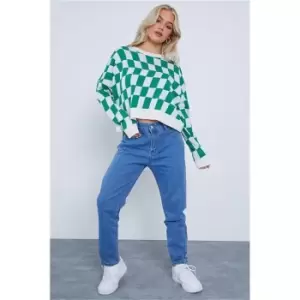 Image of I Saw It First Green Petite Check Print Crew Neck Oversized Knitted Jumper - Green