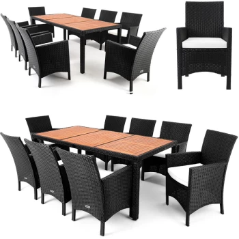 Image of Poly Rattan Seating Area Palermo 8 Wide Chairs 7cm Pads Garden table 190x90cm Acacia Wood Outdoor Furniture Set Black - Casaria