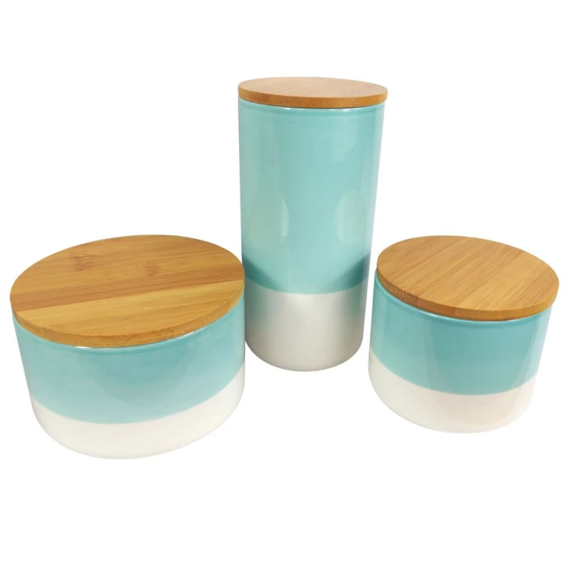 Image of Leaf Set of Three Canisters Aqua Green Ceramic Storage Jars with Lids