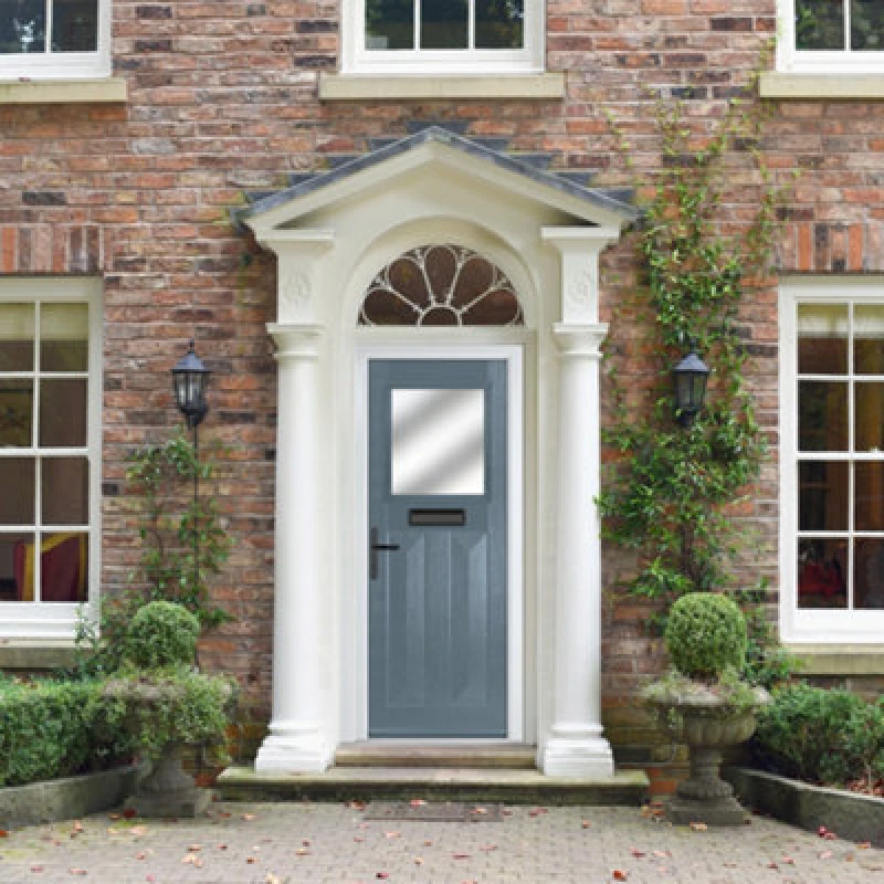 Image of Lacerta Composite Door Eaton 7015 Grey 920mm X 2090mm Open In Right Hand Obs Glass 10 Year Guarantee - Free Delivery & Smart Lock
