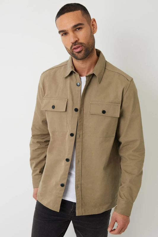 Image of Threadbare 'Church' Cotton Twill Button Up Shacket Stone