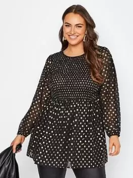 Image of Yours Long Sleeve Shirred Top. Black/gold Metallic, Black, Size 24, Women