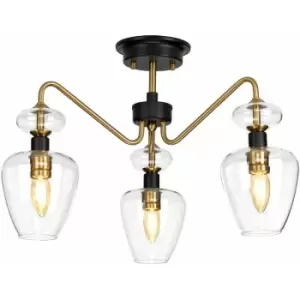 Image of Loops - 3 Bulb Semi Flush Light Aged Brass Finish Charcoal Black Paint LED E14 40W