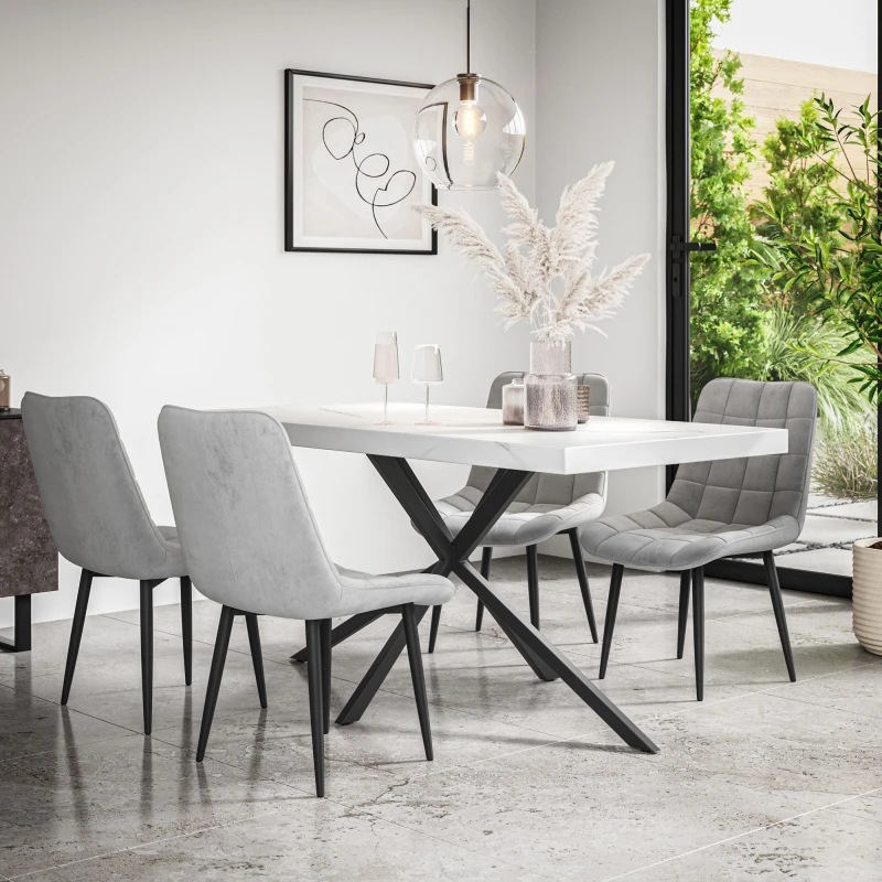 Image of More4Homes Donni Dining Table And Chairs - White Marble Effect Table Top W Black Legs + Nova Velvet Dining Chair Set Of 6 (Grey)