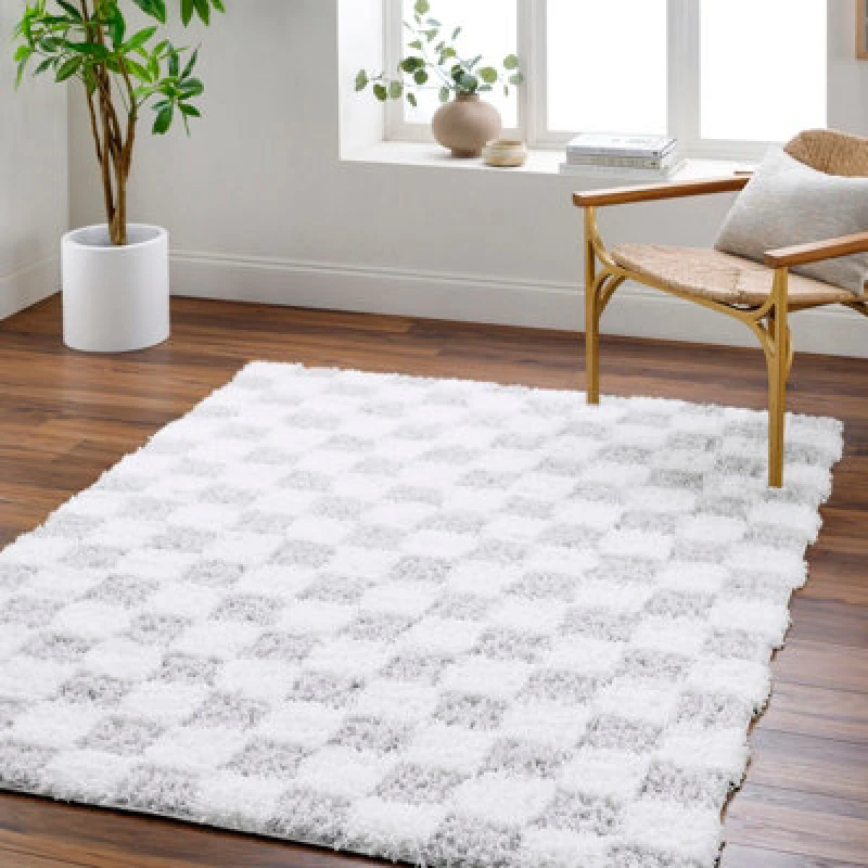 Image of Livabliss Shaggy Modern Plush Pile Light Grey Checkered Willa Area Rug 160 X 220 Cm - Easy Care, Ideal For Living Room & Bedroom
