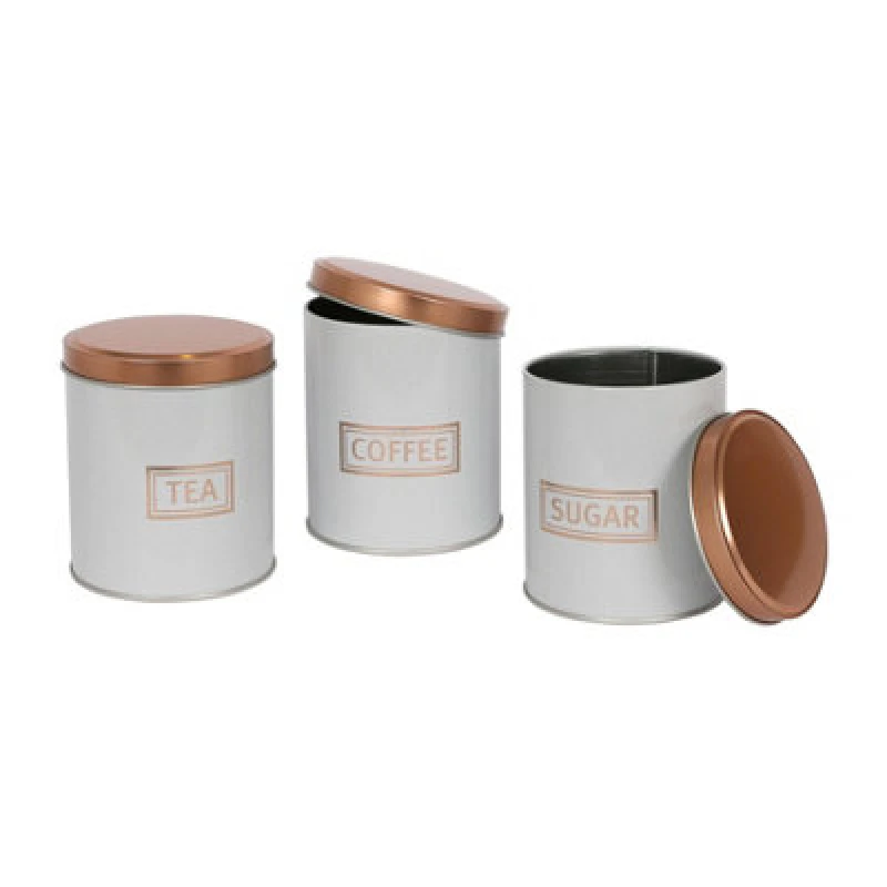 Image of Harbour Housewares 3Pc Tea Coffee Sugar Canister Set - White/copper - Round Metal Airtight Kitchen Canister Tin Pots