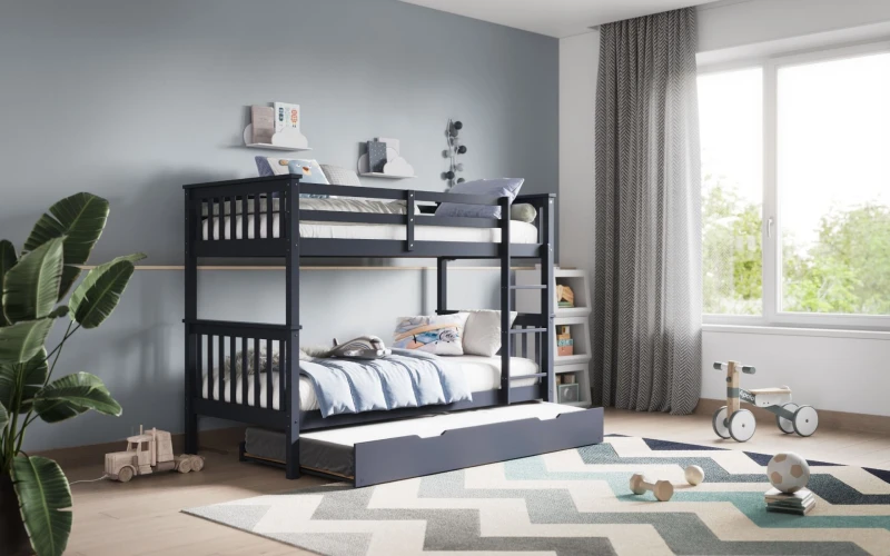 Image of Flair Zoom Wooden Detachable Bunk Bed with Trundle in Grey Size: Single Grey Unisex Single