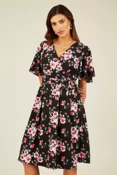 Image of Black Floral Wrap Dress With Angel Sleeve
