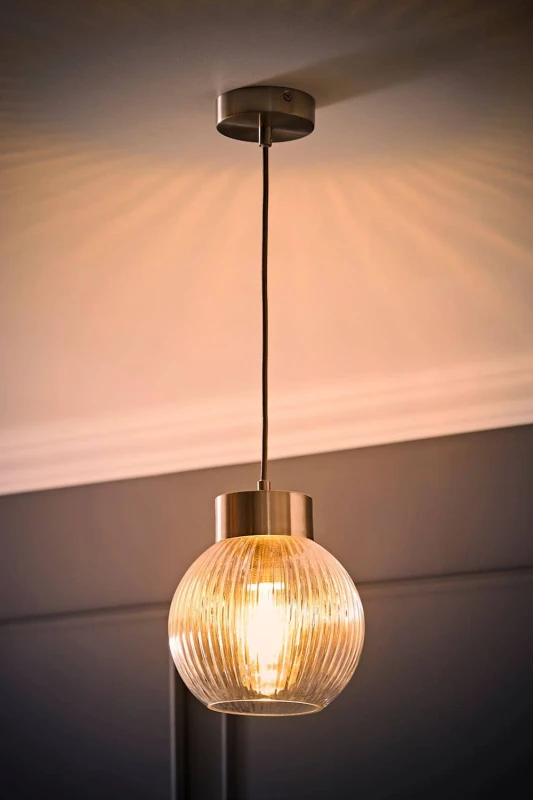 Image of ValueLights Maddison Ribbed Glass Shade Metallic Cap Ceiling Pendant Light & Bulb in Silver Silver Unisex
