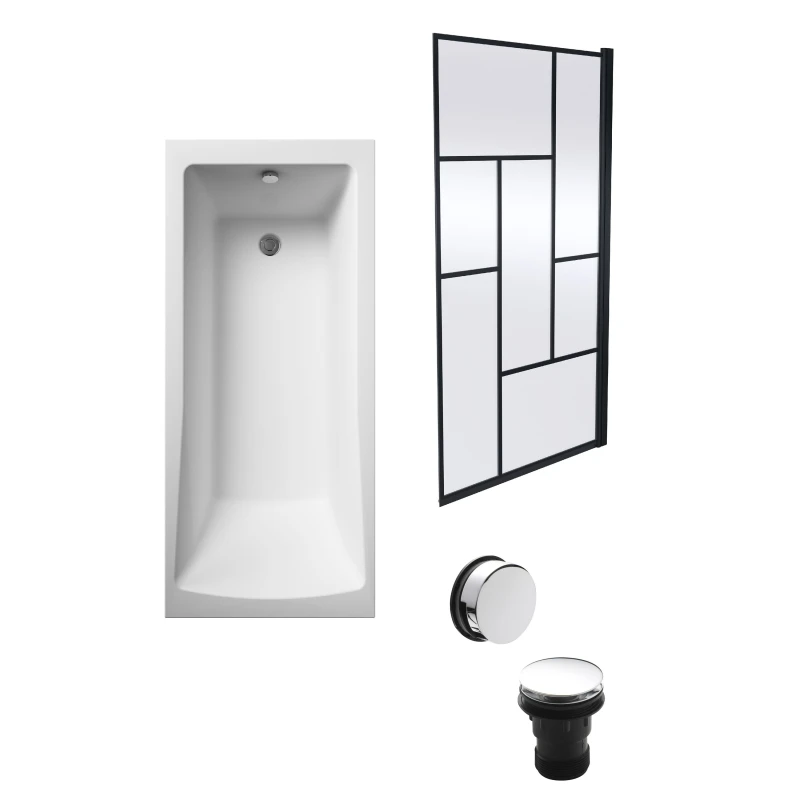 Image of Balterley Square Bath, Abstract Black Screen and Chrome Waste 1700 x 700mm Silver