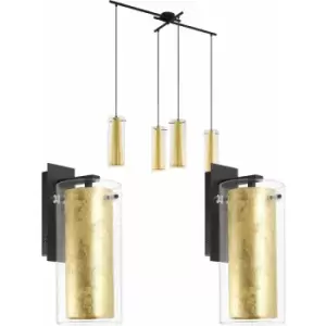 Image of 4 Bulb Ceiling Pendant & 2x Matching Wall Lights Clear Glass & Gold Chandelier