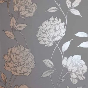 Image of Arthouse Opera Pretty Floral Metallic Wallpaper Charcoal Rose Gold Paper