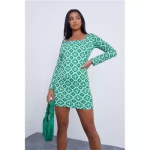 Image of I Saw It First Green Petite Tile Print Long Sleeve Mini Dress - Green