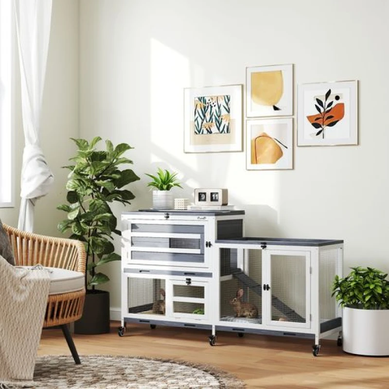 Image of PawHut 2 Tier Rabbit Hutch with Run - Wheels - 2 Openable Top - 3 Plastic Trays TJ Hughes 5063603091078