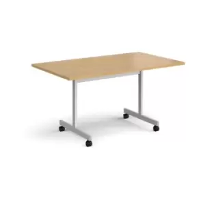Image of Rectangular fliptop meeting table with silver frame 1400mm x 800mm - oak