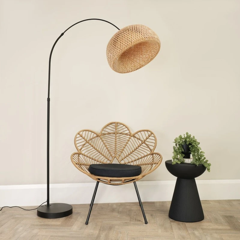 Image of ValueLights Louis Black Arched Curved Floor Lamp with Bamboo Donut Lamp Shade Natural
