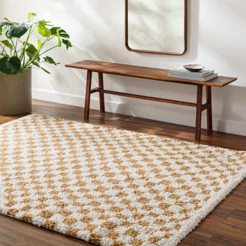 Image of Livabliss Shaggy Modern Plush Pile Saffron Checkered Kittu Area Rug 200 X 275cm - Easy Care, Non Shedding, Ideal For Living Room & Bedroom