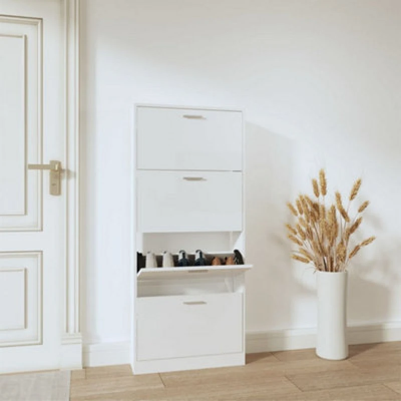 Image of Vidaxl Shoe Cabinet High Gloss White 59X17X150 Cm Engineered Wood
