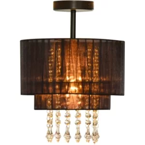 Image of Vintage Metal Ceiling Light Chandelier with 2 Drum Shape Lampshade, Decorative Acrylic Crystal Pendants, for Living Room, Dining Room, Bedroom,