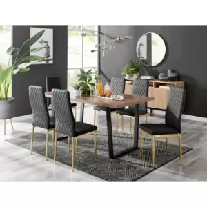 Image of Kylo Brown Wood Effect Dining Table & 6 Black Milan Gold Leg Chairs - Black