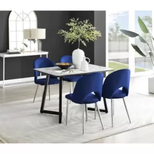Image of Furniturebox Carson White Marble Effect Recatngular 120cm Dining Table & 4 Blue Arlon Silver Leg Velvet Chairs
