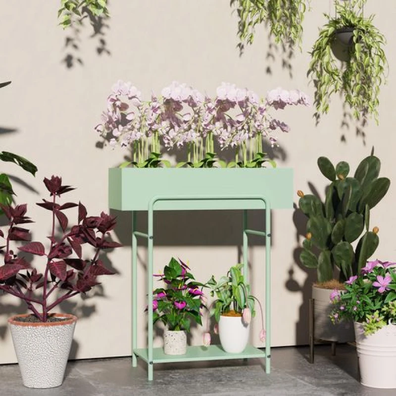 Image of Outsunny 2 Tier Plant Stand, Metal Plant Rack with Drain Holes, Green Green