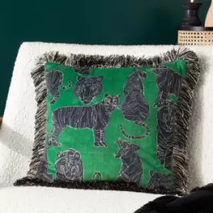 Image of Wildcat Velvet Fringed Cushion Jungle Green, Jungle Green / 45 x 45cm / Polyester Filled