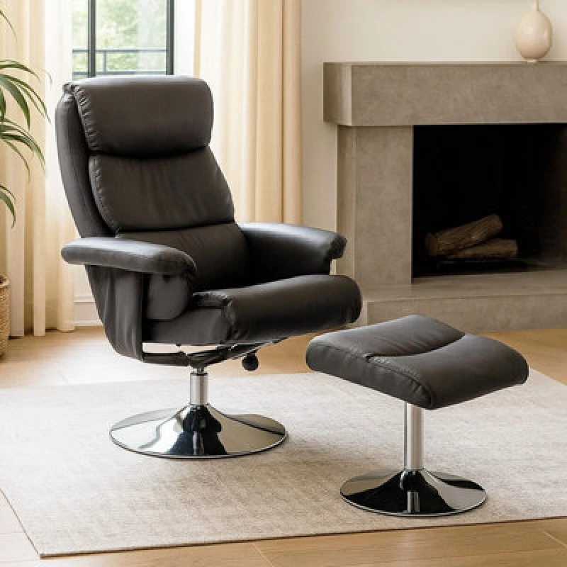 Image of Orsina Grey Leather Effect Reclining Chair And Footstool, Easy To Clean Leather Chair, Comfy Footstool