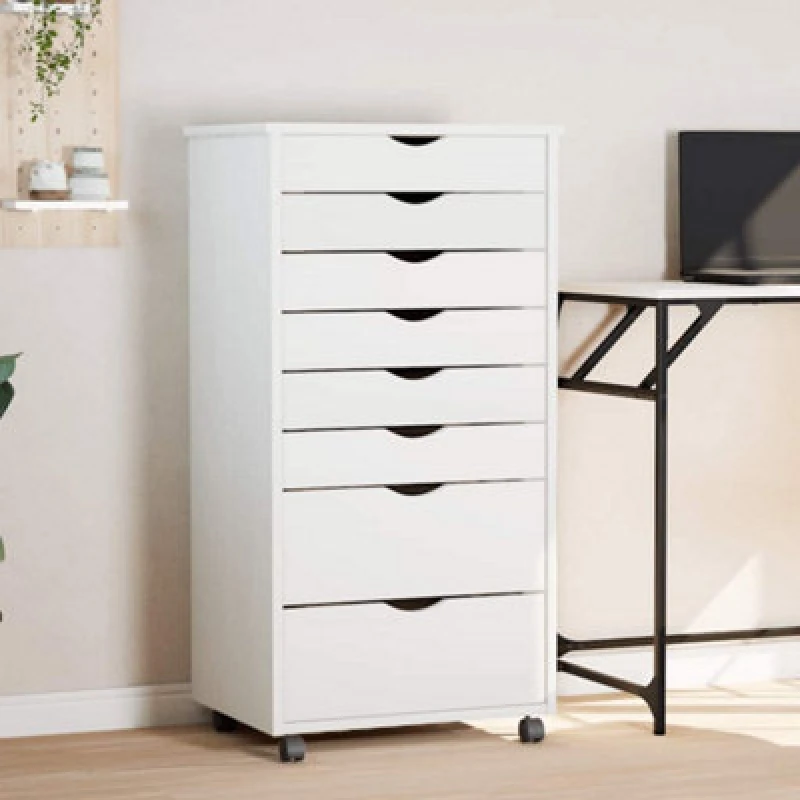 Image of Vidaxl Rolling Cabinet With Drawers Moss White Solid Wood Pine Rolling Cabinets