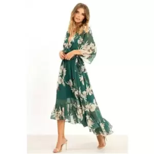 Image of Yumi Urban Green Floral Kimono Wrap Dress - Green