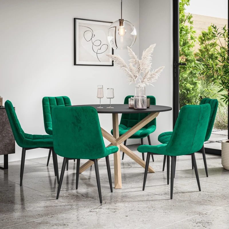 Image of More4Homes Malvern Round Dining Table And Chairs - Black Table Top W Solid Oak Legs + Nova Velvet Dining Chair Set Of 6 (Green)