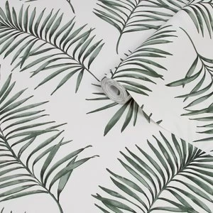 Image of Superfresco Easy Scandi Green & white Leaves Smooth Wallpaper