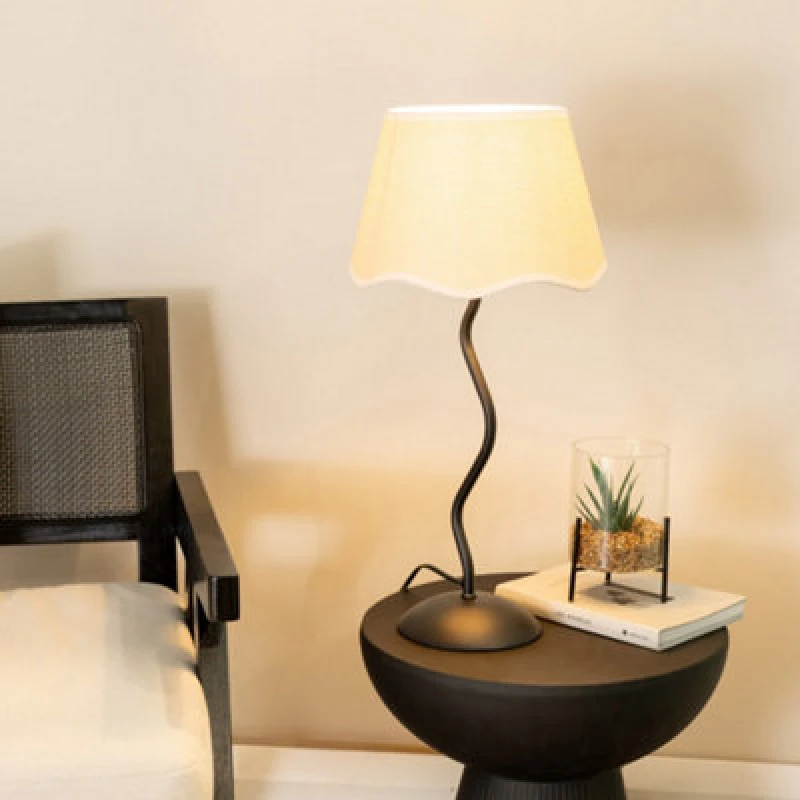 Image of ValueLights Wiggle Black Metal Stem Table Lamp with Linen Scallop Trim Tapered Lamp Shade White