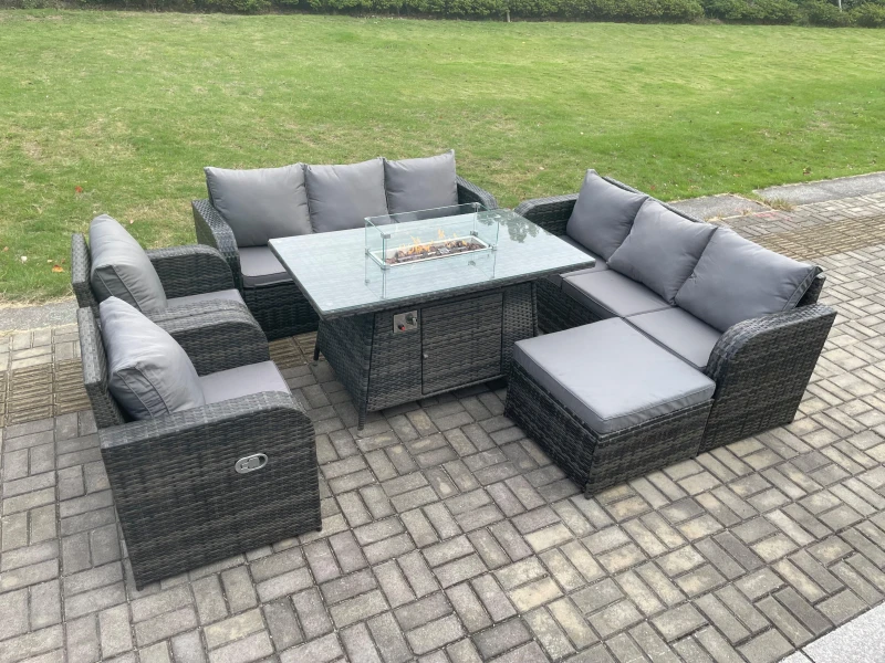 Image of Fimous Garden Patio Furniture Wicker Rattan Gas Fire Pit Table and Sofa set with Recling Chair Big Footstool Dark Grey