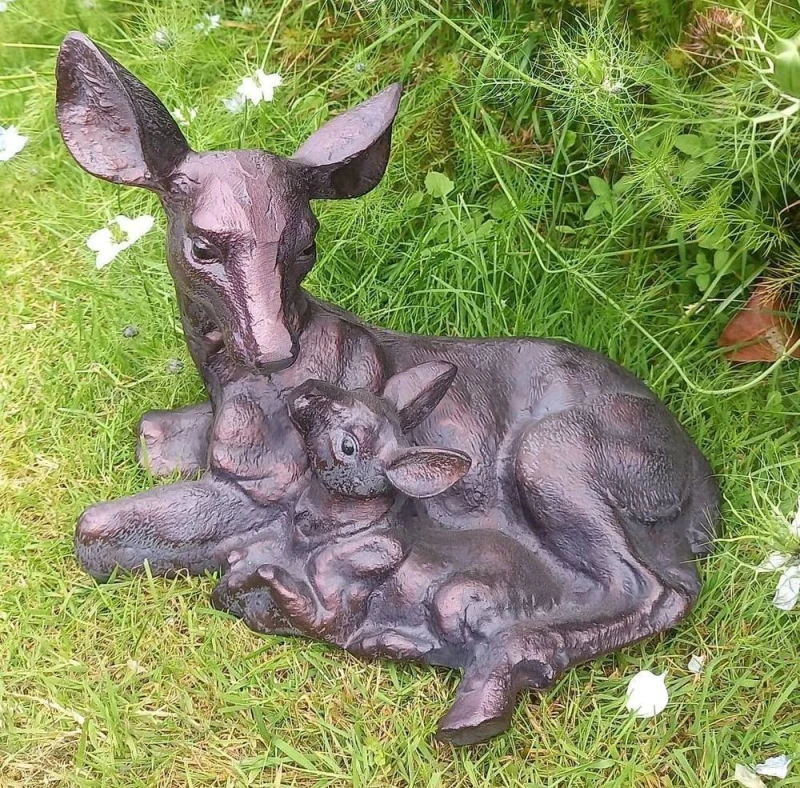 Image of Inspirational Gifting Doe & Baby Fawn Laying Deer Garden Ornament Sculpture Hand Crafted Aluminium in Bronze Bronze Unisex