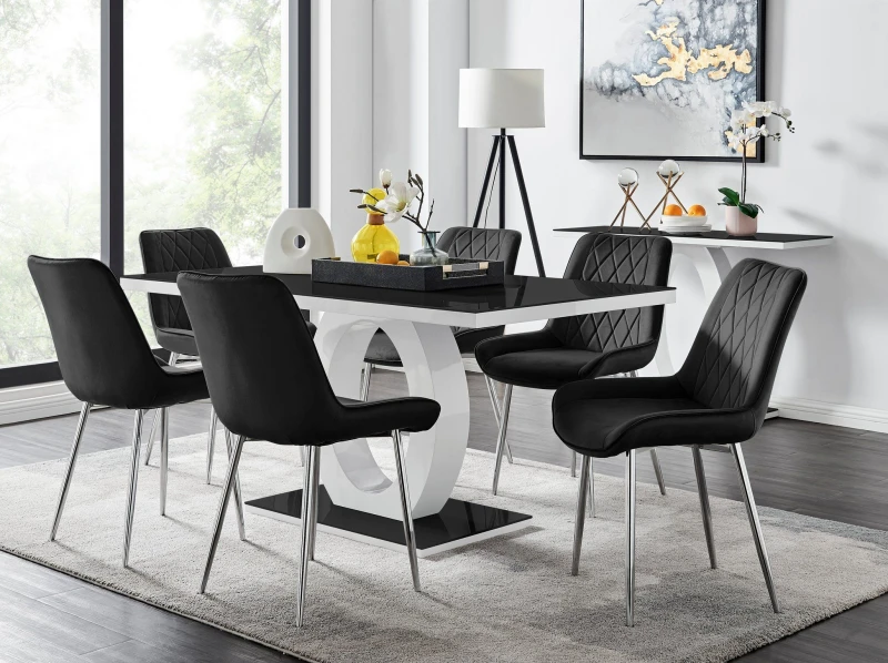 Image of FurnitureboxUK FurnitureboxUK Giovani Rectangular 6 Seat White High Gloss Unique Halo Base Dining Table Black Glass Top 6 Soft Velvet Silver Leg Pesar