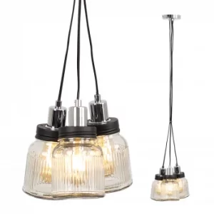 Image of Eyre 3-Way Pendant in Chrome with Ribbed Glass Jars