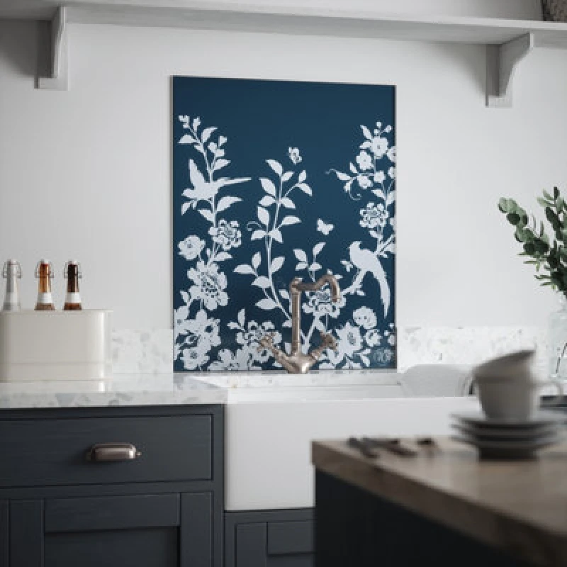 Image of Laura Ashley Oriental Garden Midnight Seaspray Floral Print Glass Splashback, (H)750mm (W)600mm (T)6mm